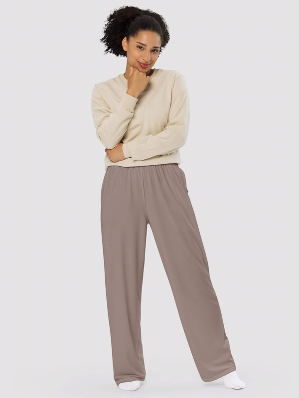 Wide-Leg PJ Pants brown  Genderful Women’s Hampton Rock color full length mid rise elastic waist straight fit pajamas sweatpants for woman    Womens petite-, tall-, plus-, size loungewear trousers sleepwear PJ’s bottoms
