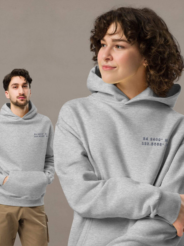 Oversized GPS Hoodie kure      Shop LATITUDE° Genderful Unisex anywear Men’s Women’s long sleeves kangaroo kanga pouch pocket hooded neckline with drawcords fitness gym Sweatshirt for man woman in Gray with myst light memories green longitude and latitude global positioning coordinates numbers on front and platinum red Japanese script letter logo design  on left arm wrist Mens Women’s everyday use petite-  tall-, plus-, size activewear sportswear sweatshirts grey hoodies