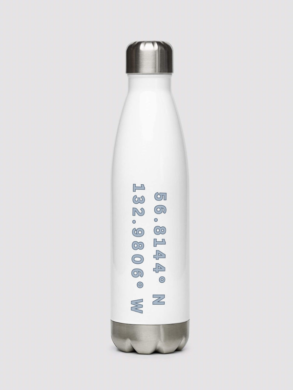 Stainless Steel GPS Water Bottle, ak    Shop LATITUDE° global positioning longitude and latitude map positioning numbers reference positions pattern for Kupreanof,  Petersburg Borough, Alaska, USA  in white with myst light memories Green logo miteigiYūki American Fitness Sports Activewear by miteigi gear United States of America flasks bottles