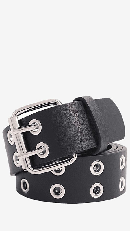 Womens Punk Rock 2 Row Metal Holes Black Leather Belt Unisex For Men And Woman Belts Man Women Accessories Trending