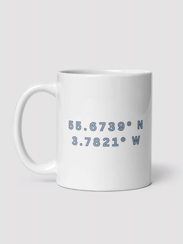 Scottish LATITUDE° Mug      Shop Lanark, town design drinks cup coffee, tea, juice, milk drinking cups GPS global positioning longitude and latitude map reference position numbers tumblers ceramics cartoon pattern in white with myst blue and light memories green design Gifting event ideas collections Scotland cities souvenirs collectors gifts mugs