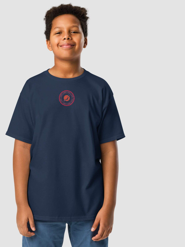 Kids Classic Japan T-Shirt   Gildan Boys long sleeves crewneck T-shirts with Japanese country stamp graphic round o-neck children’s crew neck Tops in Navy blue Tees