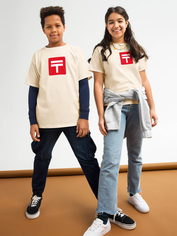 Kids Classic Japan Post T-Shirt    Gildan Boys Girls long sleeves crewneck T-shirts with Japanese company logo graphic in red white, round o-neck children’s crew neck Tops in cream Boy girl Tees