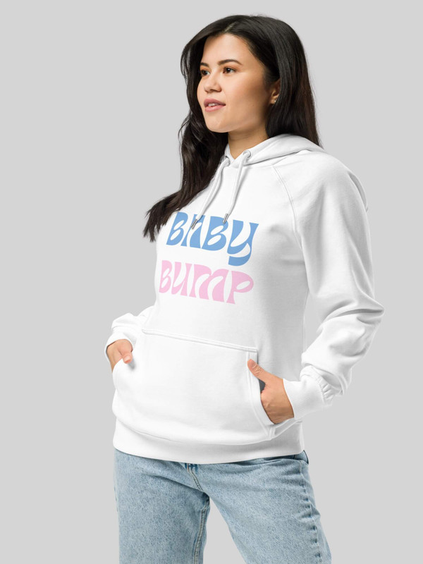 Maternity Eco Raglan Hoodie Women’s long sleeves kangaroo kanga pouch pocket hooded neckline with drawcords fitness gym Sweatshirt for woman in white with baby light blue pink BABY BUMP letter logo design Womens everyday use petite-  tall-, plus-, size activewear sportswear sweatshirts hoodies