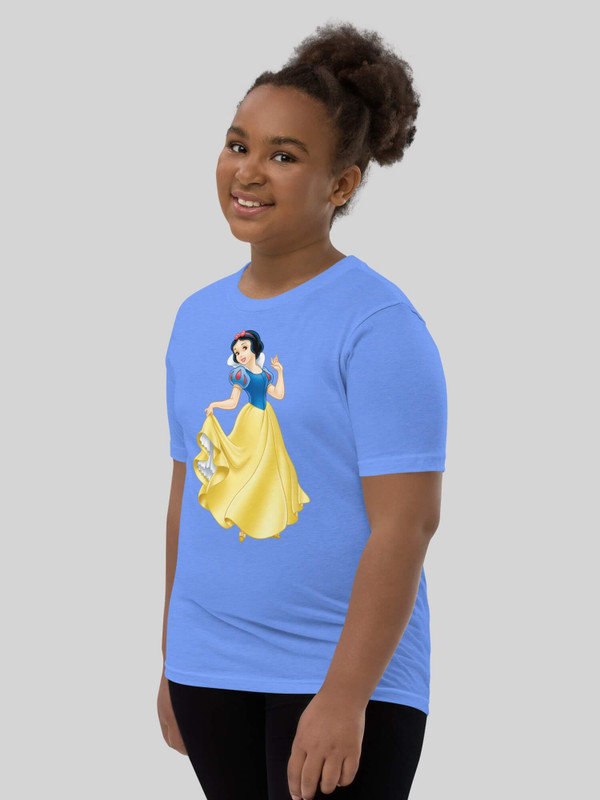 Kids Graphic T-Shirt  Girls Disney “Snow White” Princess in blue yellow ballgown dress short sleeves crewneck T-shirts for girl in Heather Colombia blue, Children’s round crew neck Tees Princesses O-neck tops