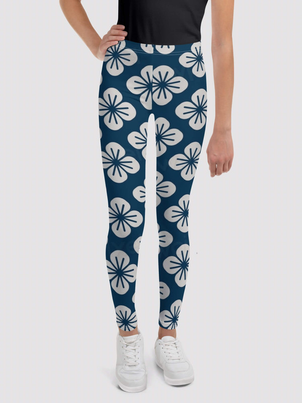 Kids Japanese Leggings  Girls mid rise elasticated waist floral print full length legging for Children in blue with off-white Sakura flowers pattern design Japan girl pants