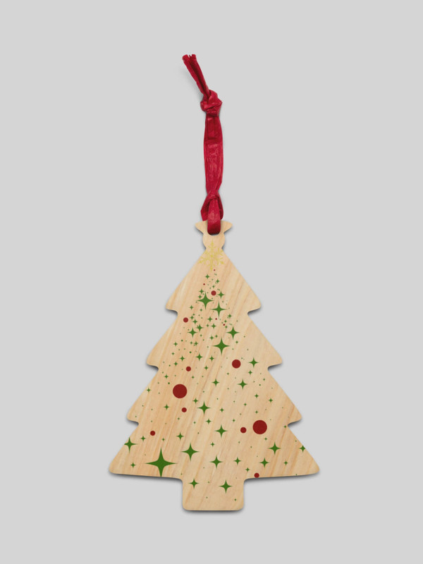 Wooden Twinkle Tree Ornament   Festive handcrafted Hinoki wood with paper ribbon and magnet Christmas holiday season trees refrigerator magnets hanging decorative home ornaments in natural color with multi ink design