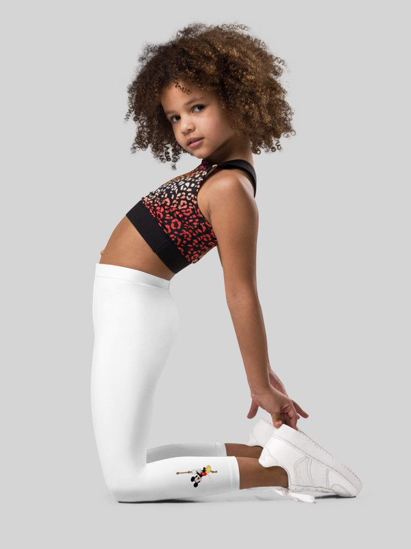Kids Print Leggings   Disney Mickey Mouse rope climbing cartoon character graphic print design Girls mid rise elastic waist leggings in white with multicolor