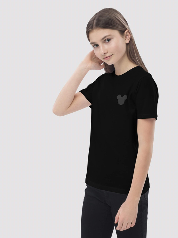 Kids Print Organic Cotton T-Shirt black   Girls Disney Mickey Mouse ears profile short sleeves crewneck T-shirts for girl Round crew neck o-neck tops Children’s petite-, tall-, plus-, size tees