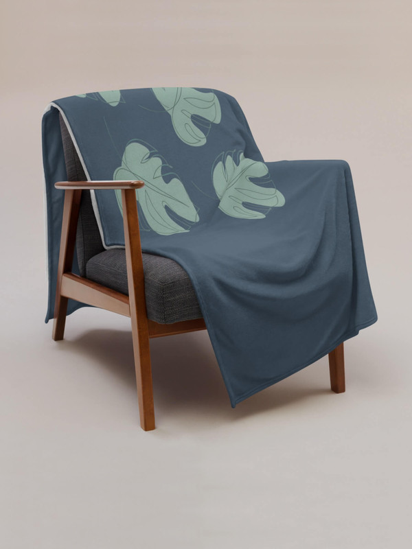 Print Throw Blanket   Soft floral bamboo leaf print bedding blankets, Sofas chairs throws Babies Bedroom Living room linens in white with green dusk teal blue plant leaves design prints 60″×80″
