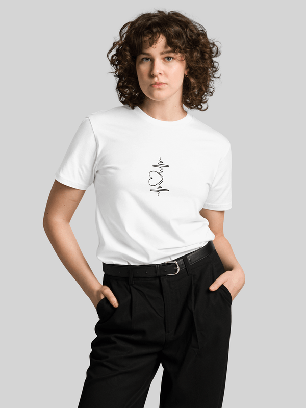 Premium Heart Crewneck T-Shirt     Genderful Women’s short sleeves o-neck heart beat wave illustrated print Casual Solid Color womens crew neck round Tops T-Shirts for petite-, tall-, plus-, size woman tees in white with black ink design
