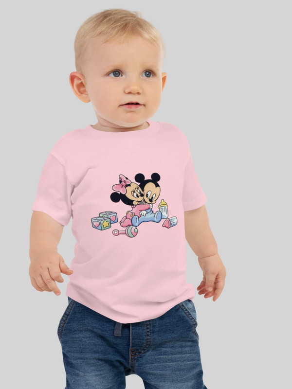 Baby Jersey T-Shirt  Genderful baby-boy-, baby-girl-, unisex anywear short sleeves crewneck Disney young Minnie-, Mickey-, Mouse characters illustrated toys cartoon print Tops in Pink Round O-neck T-Shirts Crew neck character Tees
