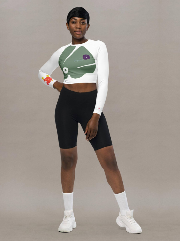 Eco Crop Top green   Women’s long sleeves cropped crewneck T-shirt  Tops for Woman in white with green multi Sakura floral pattern Round O-neck Womens recycled material eco-friendly UPF 50+ T-shirts