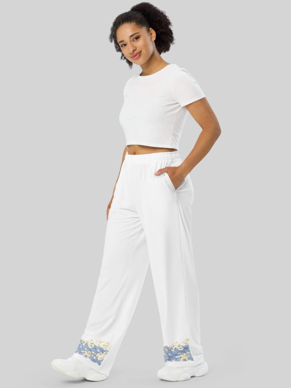 Japanese Trad Wide-Leg Pants    Genderful Women’s wide leg elastic waist with drawcords relaxed fit traditional Japan design unisex loungewear PJ pajamas for woman in white with blue gold waves design Womens anywear PJs