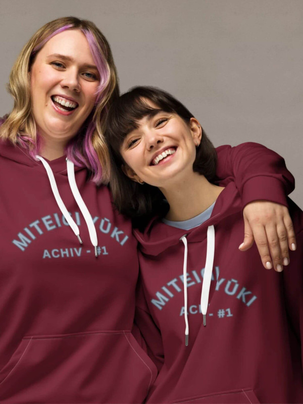 Vintage Miteigi Yūki Hoodie     Genderful Women’s Men’s gen z a generation youth hooded Undefined unisex anywear fitness sports sweatshirts for woman man in Red delicious with dusk blue design print Mens womens Petite-, tall-, plus- size Activewear sweatshirt