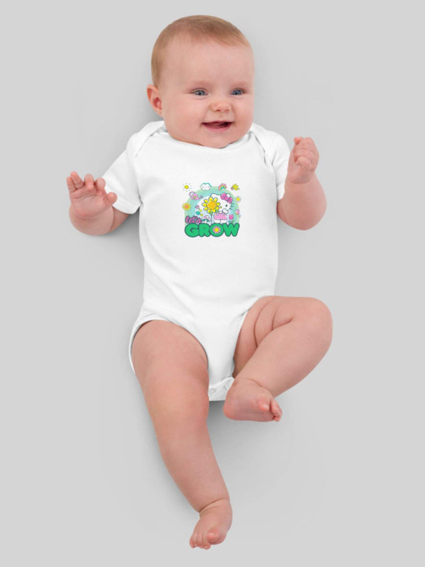 Baby Organic Cotton Bodysuit Hello Kitty flower pot LET’S GROW letter print cartoon animal short sleeves crewneck envelope neckline round o-neck three (3) button inseam snaps bottom closure one piece outfit in white with multi Babies crew neck Japanese bodysuits outfits Babybugz