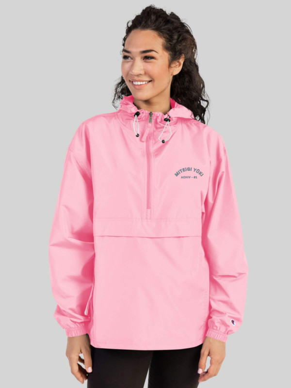 Champion x miteigi embroidered packable Jacket   Genderful Women’s Men’s long sleeves with elastic cuffs, draw cord hooded half zip neckline hidden zipper pouch pocket & kangaroo pouch pocket with drawstring hem for Man Woman in Candy pink Wind and water proof Jackets Mens Womens hiking camping outerwear