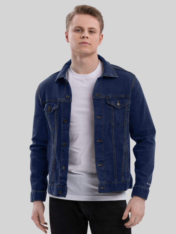 Icon Logo Denim Jacket     Men’s classic Genderful loose button-up turn-down collar 100% cotton single breasted top chest pockets button cuffs casual wear unisex Jackets for man in blue with miteigi Japanese script logo at left wrist Tall-, plus-, petite-, size Mens long sleeves anywear outerwear coats