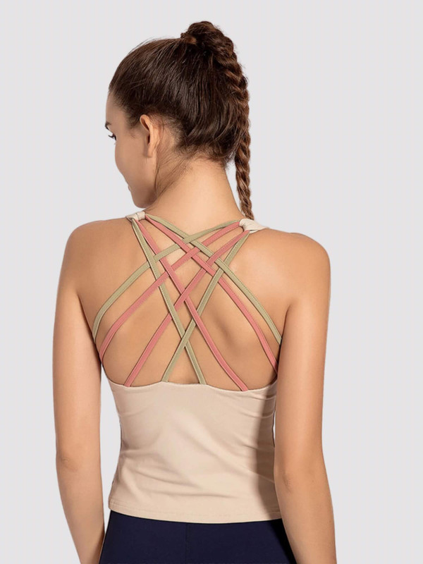 Cross Straps Sports Top     Women’s Yoga scoop neck gym shirts nylon dry fit cross-strap Jogging femme workout fitness Tops for Woman Female  activewear sleeveless T-shirts Plus Size for women in beige color with dusk pink & olive green straps sportswear