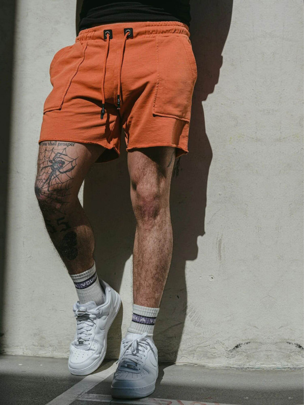 Double-Deck Running Shorts Men’s Summer Elasticated drawcord tie slant side pockets short pant activewear for man in rust orange Mens 2 In 1 training workout clothing gym fitness sportswear
