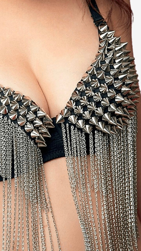 Womens Silver Punk Belly Party Disco Rivet Spike Stud Dance Tassel Bra Sexy B Cup Bras Underwear Singer Dance Bra Woman rivet bra Women spike B cup bras Trending