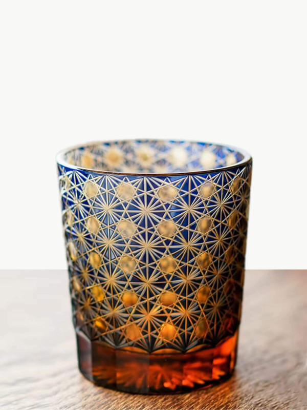 Edo Kiriko Bohemian Glass   Lead-free crystal Boho czech engraving Whiskey cups drinkware handmade to clear color glasses Whisky tumblers barware with gift box pack, Japanese Czechoslovakian hand cut bohemia glassware in blue