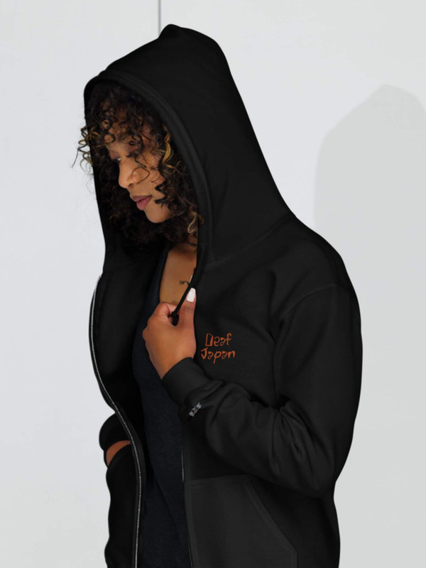 Heavy Blend Zip Hoodie black  Genderful Unisex anywear Men’s Women’s long sleeves kangaroo kanga pouch pocket hooded neckline with drawcords full zipper-up closure DEAF JAPAN letter embroidered in orange fitness gym Sweatshirt for man woman with embroidery platinum red Japanese script letter logo design  on left arm wrist Mens Women’s everyday use petite-  tall-, plus-, size activewear sportswear sweatshirts hoodies