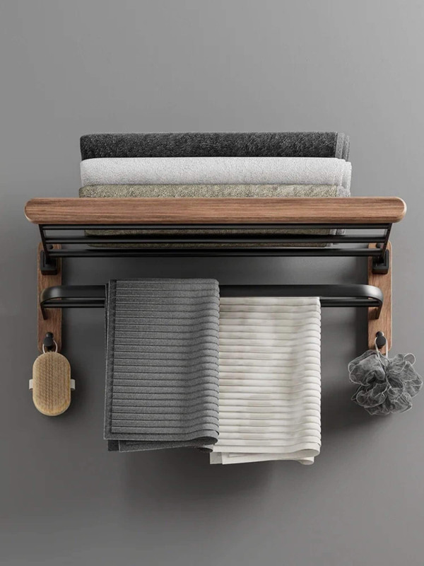 Wood Bathroom Towel Shelves，C.R. perforated adjustable stowaway hanging toilet wooden walnut and aviation aluminum washroom shelves, rails and clothes accessories hooks, wall mounted towels racks home decor restroom furniture accessory in black