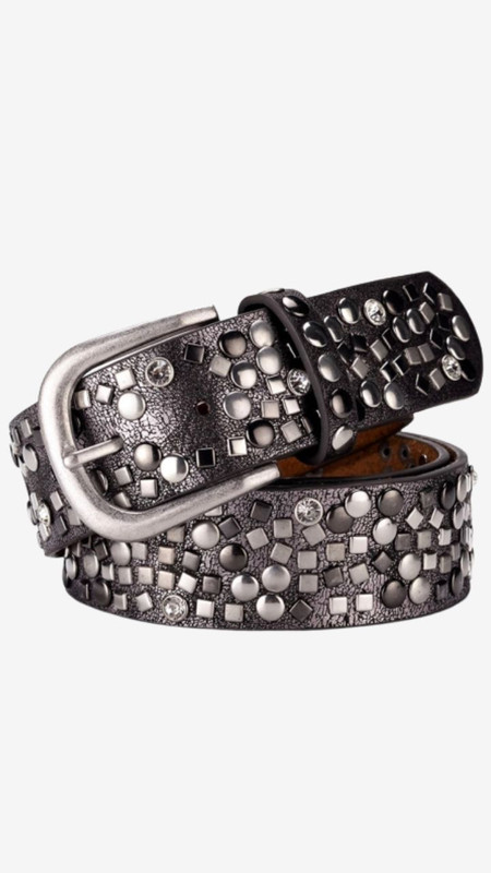 Woman Split Leather + PU Rivet Belt Fashion Rhinestone Womens Studded Belts High Quality Female Leather Rock Women Strap For Jeans Women's Belts Trending In Gun Black