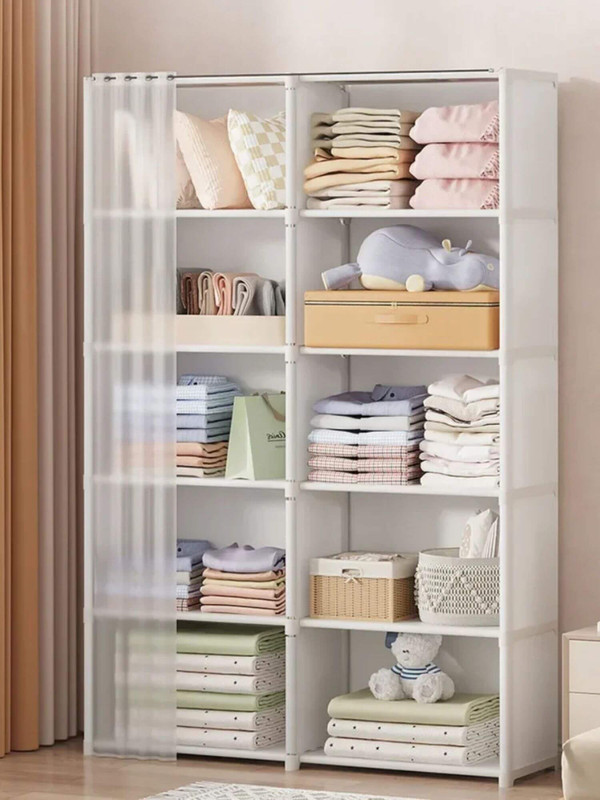 Dustproof Wardrobe Multi-layer storage rack with curtains Simple elegant bookshelf Bedroom Living room wardrobes 5/6 Layers shelf closet bookshelves organizers in white