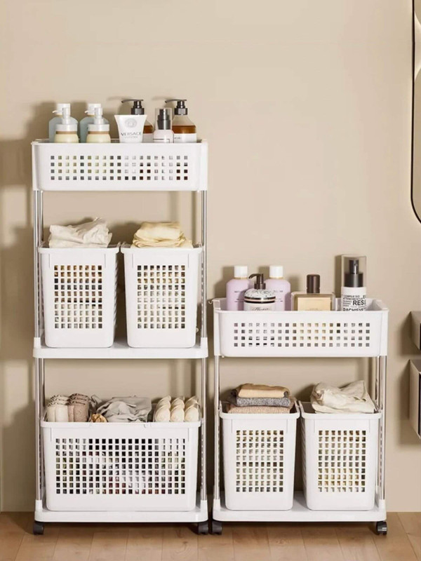 Laundry Storage Trolley  Dirty clothes basket Household kitchen utility room rolling organizer shelf Toys shelves cloths baskets Utility carts in white