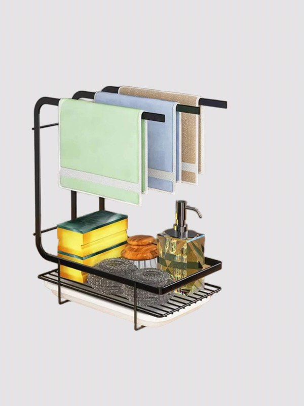 Kitchen Storage Rack Towel Sponge Drain Racks Rag Dishcloth Rack Bathroom Soap Carbon Steel Holder Sink Desktop Organizer in black.