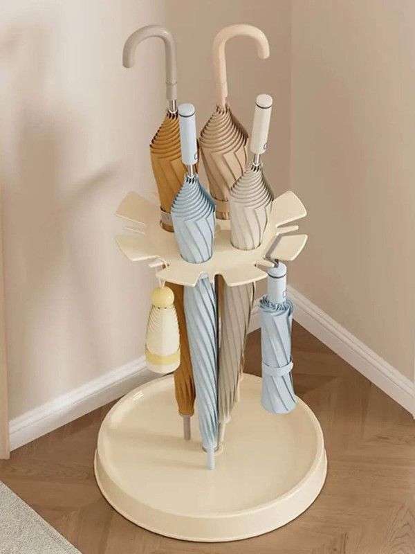 Tall Umbrella Holder Round rustproof stand organizer with 4 slots Umbrellas draining racks Rainwater catcher tray holders stands in beige cream