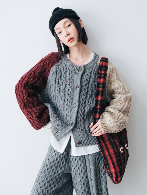 Cable-Knit Patch Cardigan    Women’s Fall autumn cotton wool heavyweight retro color blocked cardigans outwear for woman in multi red, Gray, grey beige color Womens jackets sweaters outerwear #244832