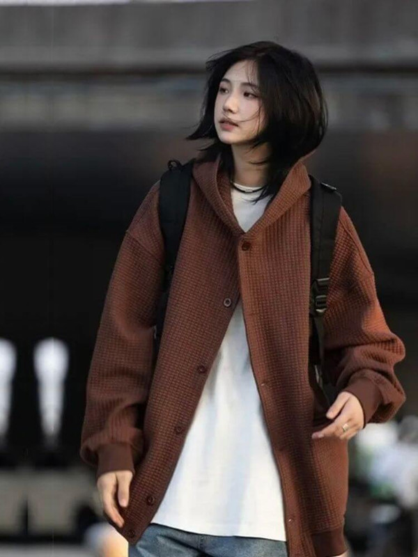 Oversized Waffle Hoodie Cardigan  Solid genderful women’s long sleeves button up sweatshirt for woman Vintage cotton-blend cardigans coats Hooded loose fit trend womens outwear sweatshirts Unisex button-up pockets tall-, plus-, size anywear outerwear #B0053 in coffee brown