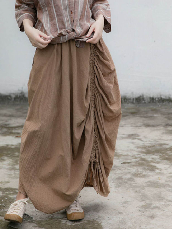 Hanfu Skirt Cotton-Linen    Women’s Chinese style solid color cotton linen irregular design versatile skirts and optional Mandarin stand collar diagonal buckle Blouses shirts for woman and womens tops in coffee brown