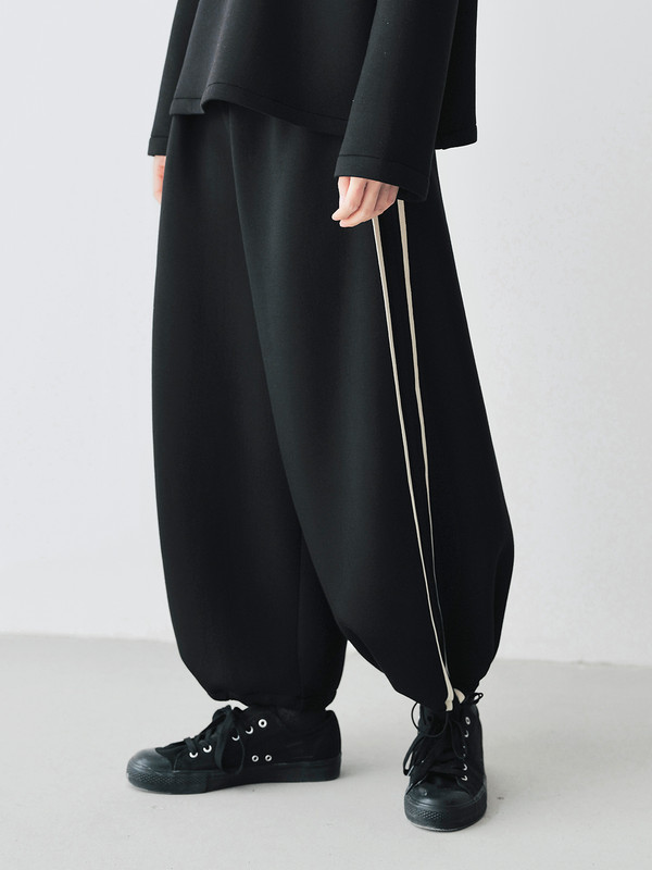 Loose Fit Pants    Women’s Fall autumn pure cotton air striped loose straight leg casual pants for woman in black with white stripes Women’s drawcord ankle hem trousers  #24478