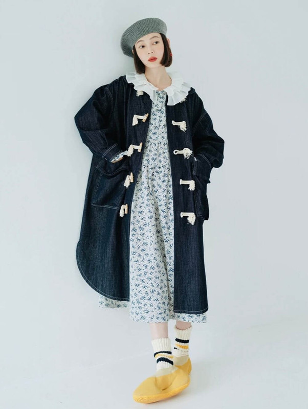 Long Denim Coat   Women’s original design long sleeve medium oxhorn button Japanese pocket loose duffle coats outwear for woman in dark navy blue Womens winter outerwear  #223787