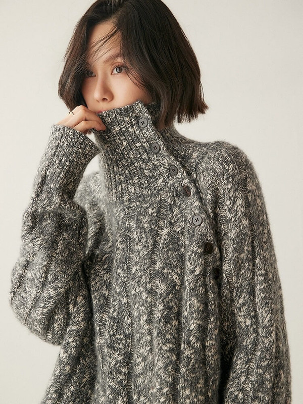 Classic Cable-Knit CashSoft Sweater gray   Women’s 100% Cashmere vintage style pullovers loose fit buttons turtleneck turn down collar long sleeves cable knitting stitch sweaters for Woman Fall Autumn Winter womens knitted mockneck ribbed tops in dark grey