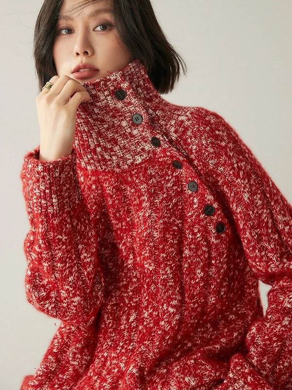 Classic Cable-Knit CashSoft Sweater red   Women’s 100% Cashmere vintage style pullovers loose fit buttons turtleneck turn down collar long sleeves cable knitting stitch sweaters for Woman Fall Autumn Winter womens knitted mockneck ribbed tops