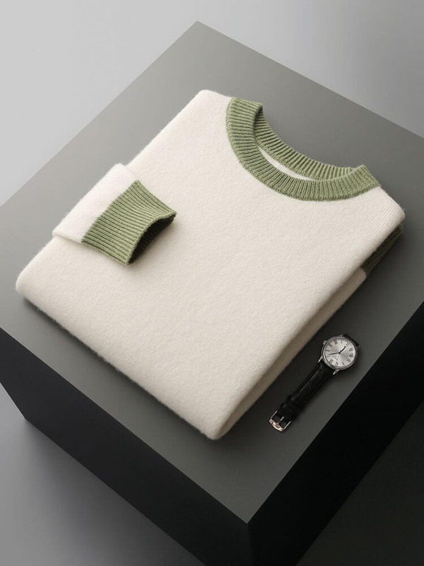 Merino Crewneck Sweater    Chic Men's round O-neck woolen pullovers 100% Merino Wool knitwear for man Fall Autumn Winter Mens thick soft warm knitted smart casual long sleeves crew neck tops workwear wfh clothing in beige with green highlights