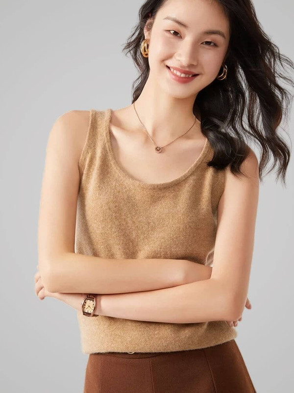 CashSoft Scoop Neck Sweater Vest   Women’s Summer tank top for woman Casual O-neck soft thin 100% Cashmere knitwear sleeveless pullovers sweaters womens scoopneck Tops in Camel beige