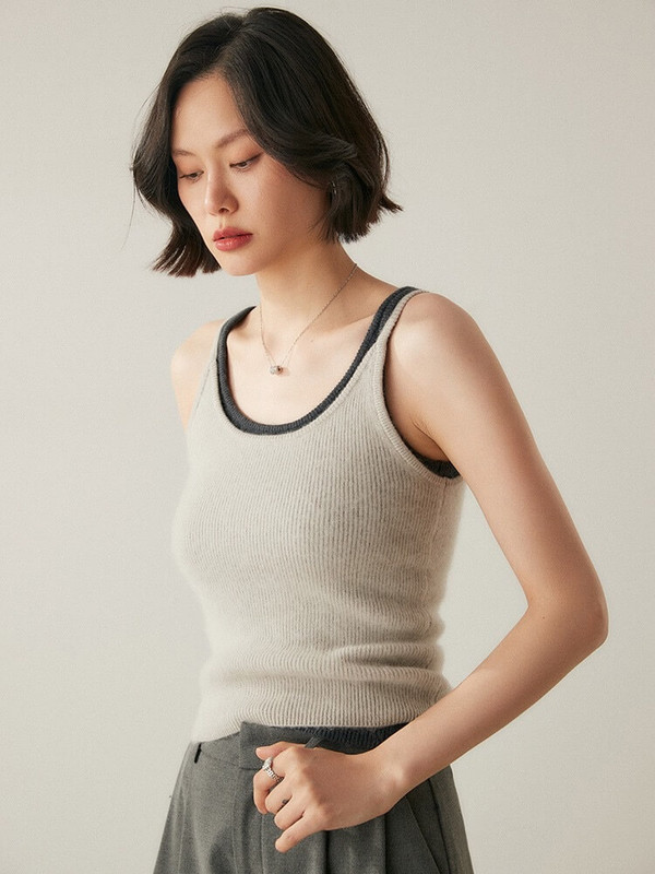 CashSoft Two Piece Vest Top      Women's 100% Cashmere knitted U-neck short cropped simple style Spring Fall Autumn scoop neck vests for woman  Twinset luxury knitting Womens scoopneck sweaters tank tops knitwear in shaung light beige with dark charcoal gray grey highlights