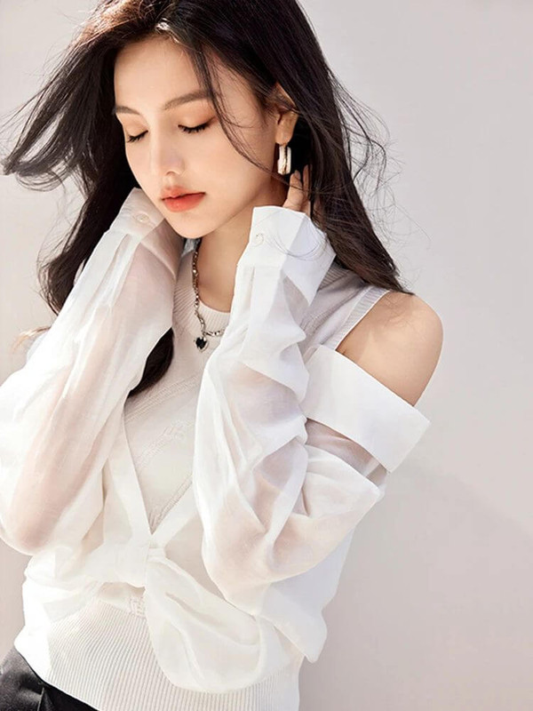 Sheer Sense Shirt   Women’s Fall Autumn fashionable versatile design spliced off long sleeves turn-down button collar shoulder shirts for woman Casual sweet women’s plus size party tops in white