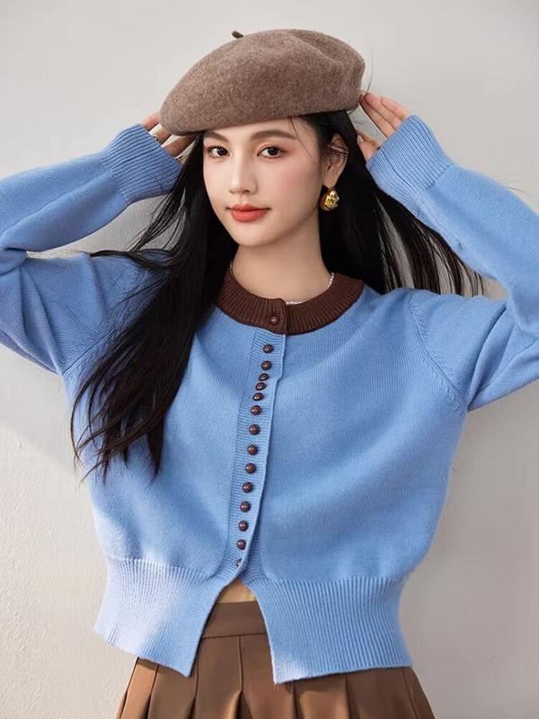 Crewneck Cardigan  Fall Autumn Winter French look cardigans Women’s preppy lazy style ribbed her single-breasted button-up knitted tops for woman Female round O-Neck long sleeves with rib cuffs and hem cardigans Women’s crew neck knitwear outwear in light sky blue with chocolate coffee brown highlights  accents