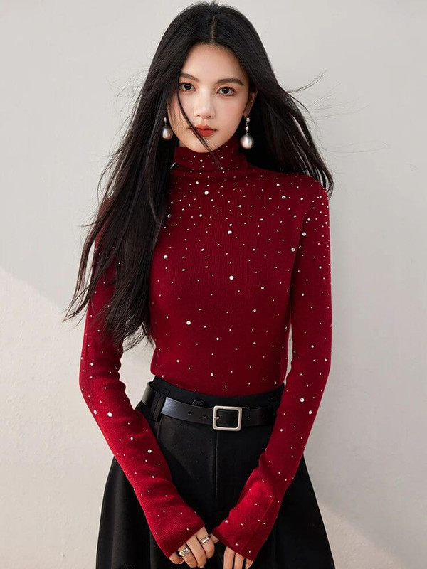 Sparkling Diamond Turtleneck Sweater    Women’s Fall Autumn Winter tops for woman Slim fit pullovers Womens fashion, long sleeves knitted diamonds plus size sweaters in deep dark burgundy wine red