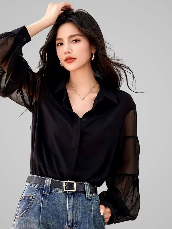 V-Neck Chiffon Shirt Women’s sheer long sleeves with button cuffs turn-down collar lace button-up blouses for woman Temperament symmetrical semi-transparent shirts Retro niche design loose fit casual sun protection womens tops in black