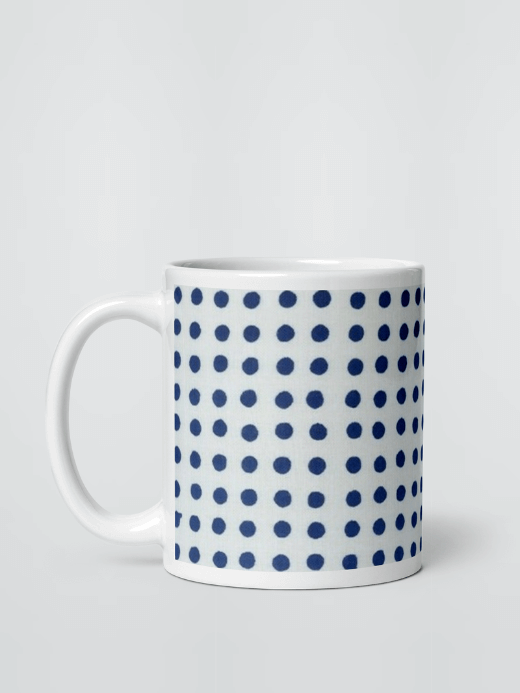 White Glossy Traditional Japanese Pattern Mug     Ceramic drinks cup coffee, tea, juice, milk drinking cups in white with blue dots mameshibori design collections Japan nippon JPN Nihon Japan souvenirs collectors ceramics mugs 11oz