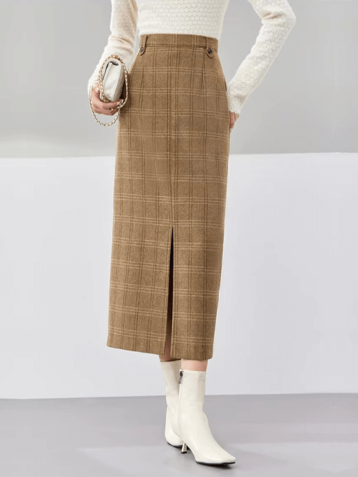 Woolen Midi Skirt    Women’s retro plaid khaki elegant thick split straight checkered wool mid-calf skirts for Woman Spring female womens  clothes 134Q52894