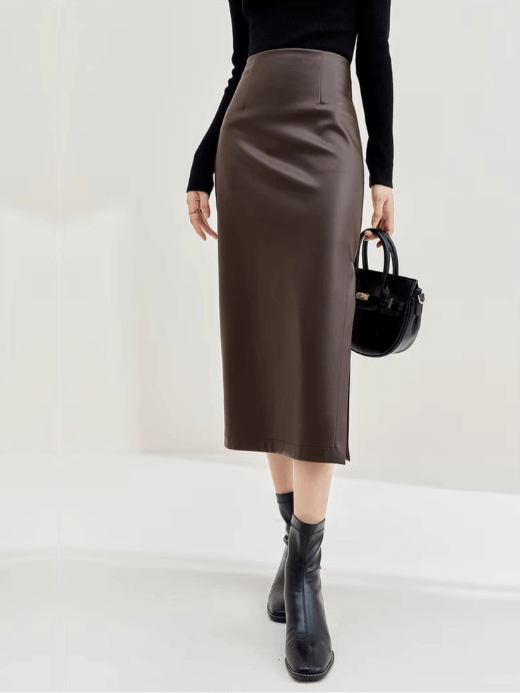 Leather Skirt coffee  Women’s luxury fall autumn Elegant PU Vegan high rise waist slit slim straight fit Lady temperament midi skirts for woman in brown Womens faux cowhide fashion 133Q50358